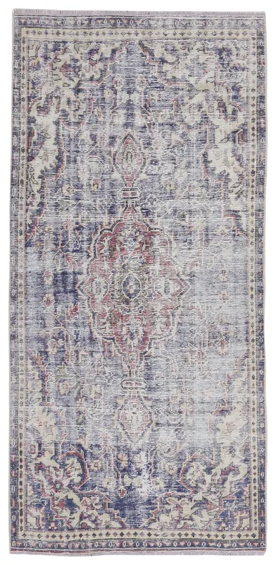 Full top view of the 4x7 vintage indigo medallion rug on a white background