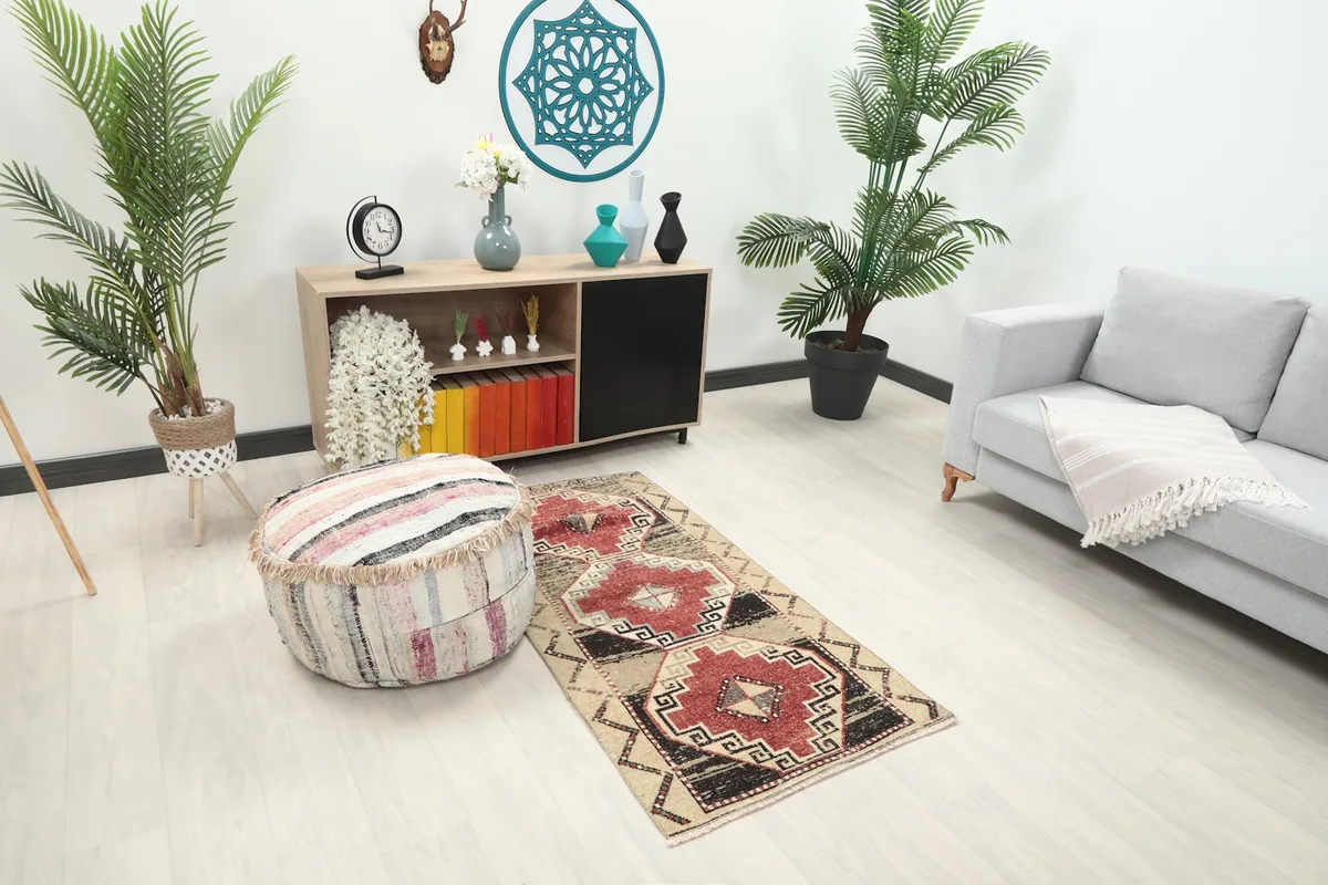 Angle view of the geometric Anatolian rug in a living space with decor