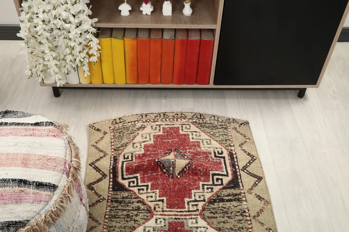 Overhead view of the rug on the floor, showing its placement in a room