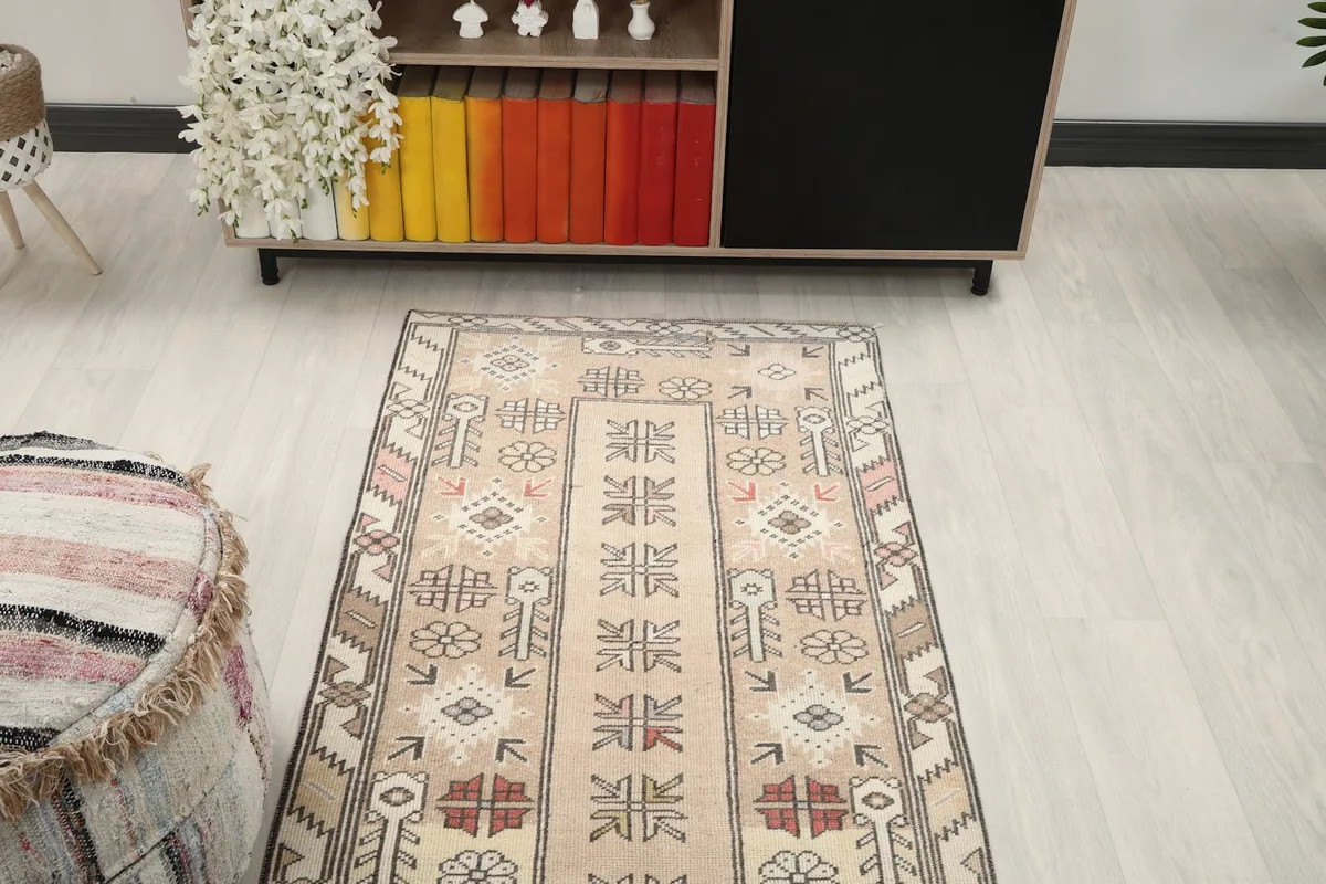 Overhead angled view of the runner rug, showing its full design and color variation