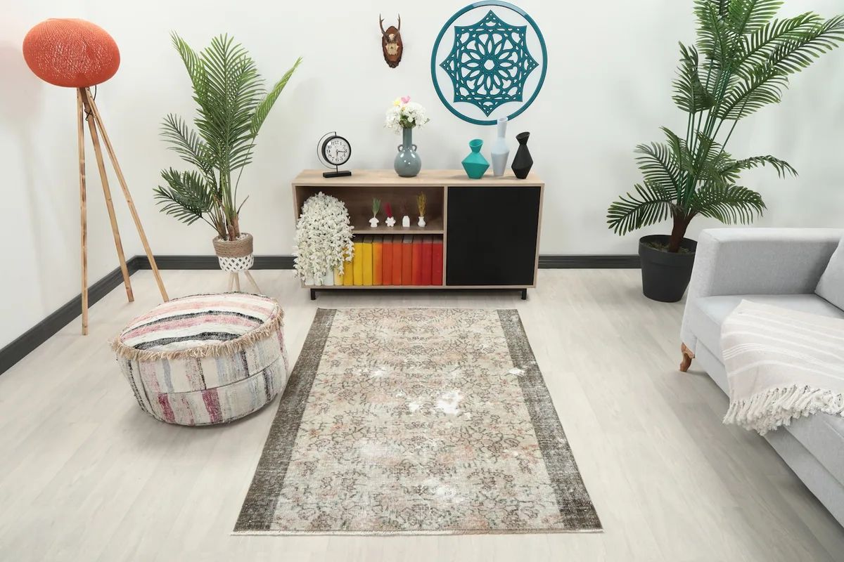 Beige and rose vintage area rug styled in a living room setting with modern furniture