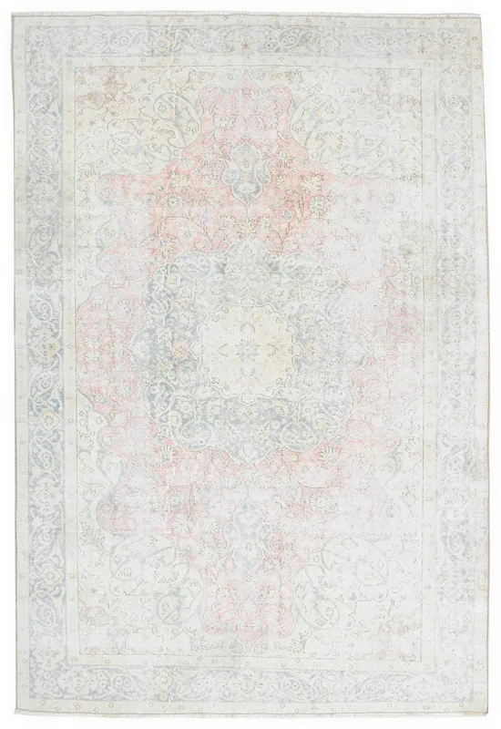 Full overhead view of the 6'2" x 9'8" vintage Anatolian rug with cream, blue, and rose colors on a white background