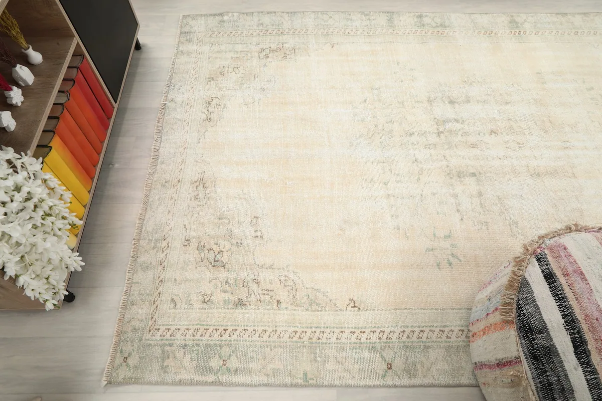 Wide-angle view of the rug's field and border, showing its soft color variations
