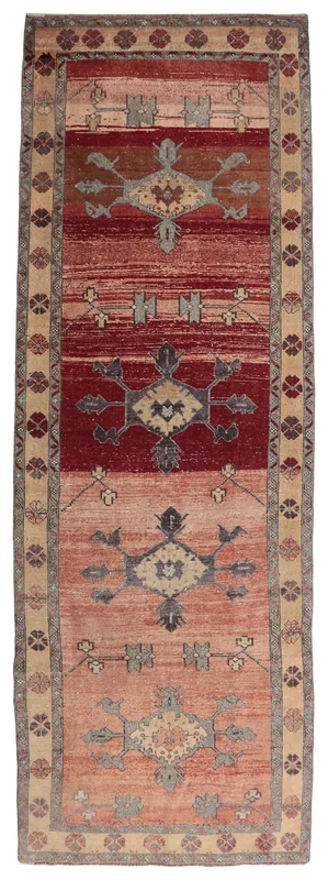 Full top view of the 4x13 red and beige vintage Anatolian runner rug