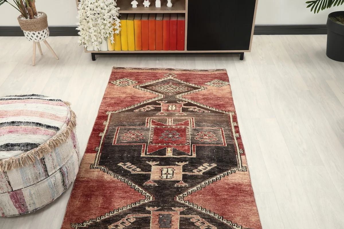 Overhead view of the runner rug in a room, emphasizing its placement and design.