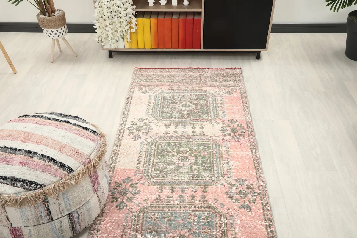 Top-down view of the runner rug in a room, highlighting the full pattern and color scheme.