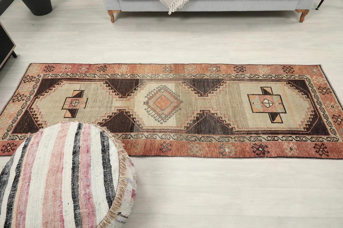 Overhead shot of the runner rug in a room, showing its full length and design