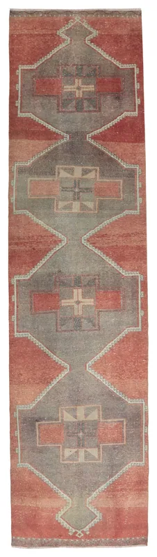 Full top view of a 3'1" x 13'1" hand-knotted vintage Anatolian runner rug with rust and gray geometric patterns
