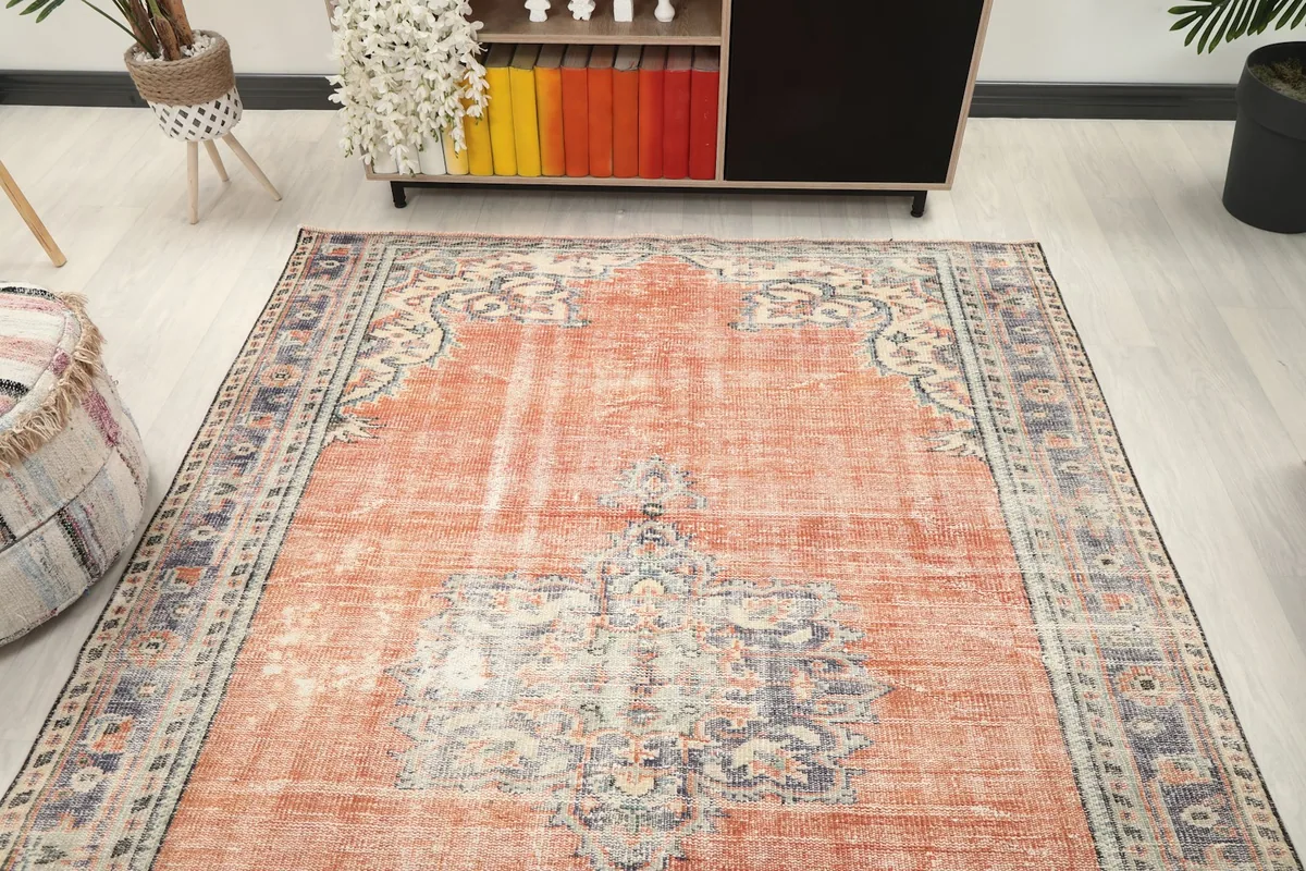 Overhead view of the rug in the living room setting, showcasing its full design