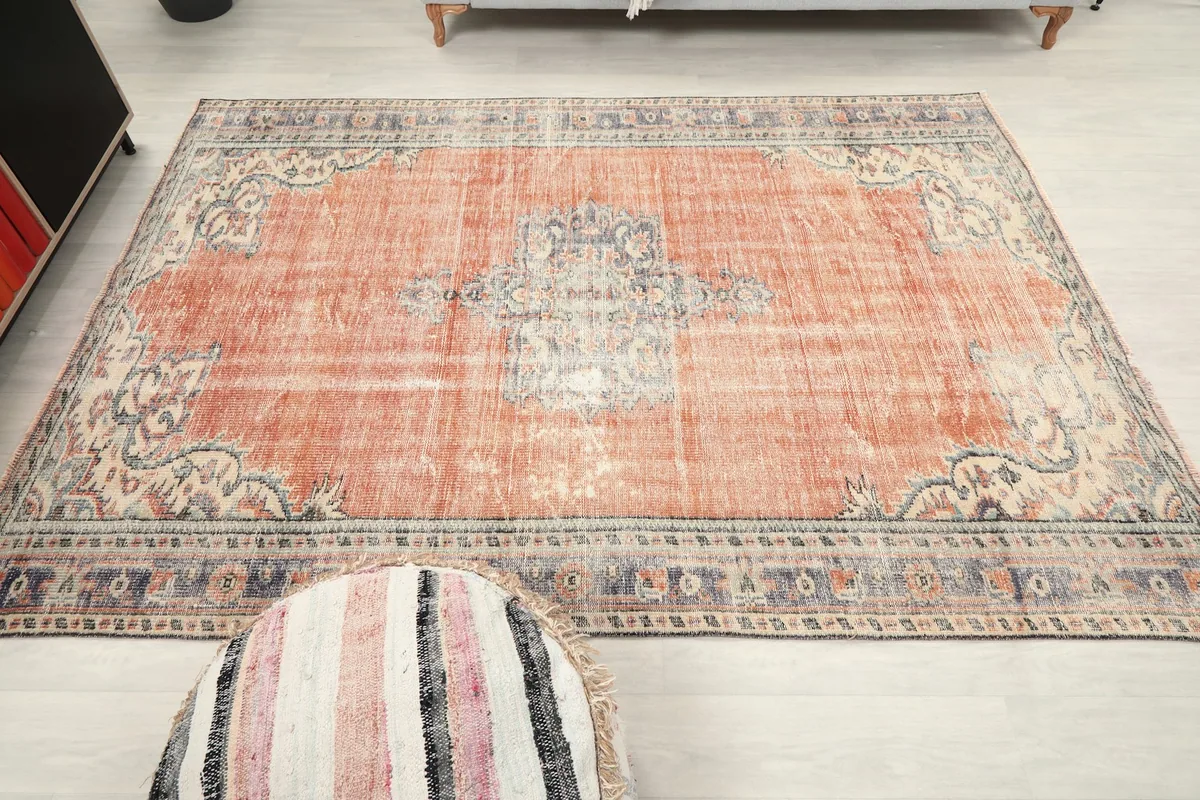 Overhead view of the rug on the floor, capturing the overall pattern and colors