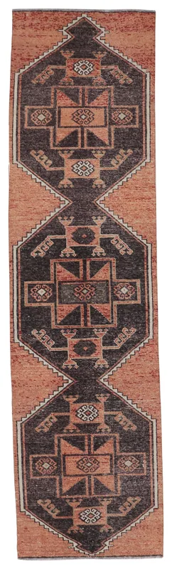 Full top view of the 3'0" x 12'5" vintage Anatolian runner rug with rust field and charcoal geometric patterns