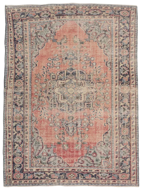 Full overhead view of the 6x9 vintage Anatolian area rug with a rose field and navy border