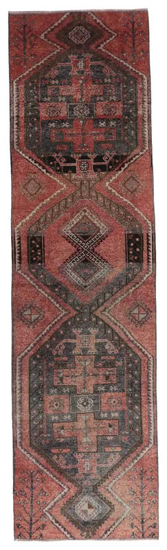 Full overhead view of the 2'8" x 10'0" rust and charcoal vintage Anatolian runner rug
