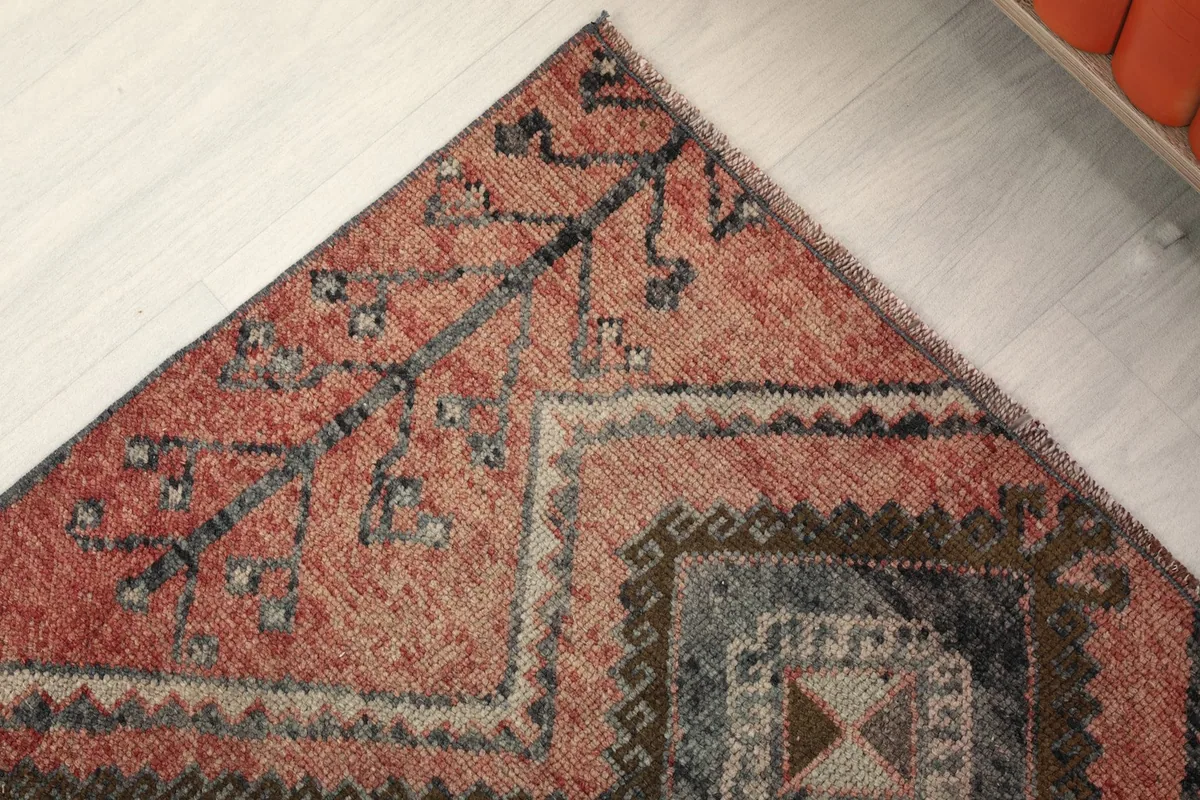 Corner detail of the rug showing the patterned border and the transition to the main field