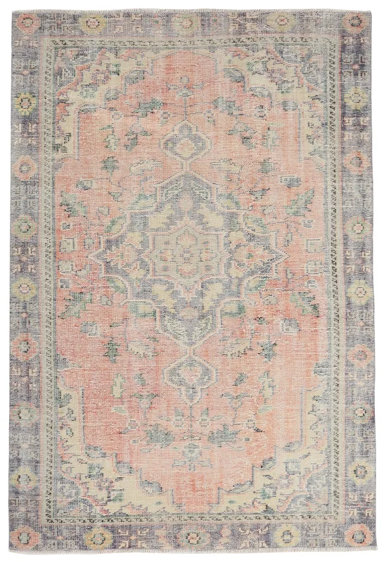 Full overhead view of the 5'9" x 8'7" rose and gray Anatolian vintage rug on a white background.