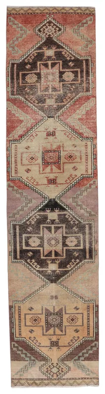 Full top view of the 2'11" x 13'0" vintage Anatolian runner rug with beige, rust, and brown geometric patterns