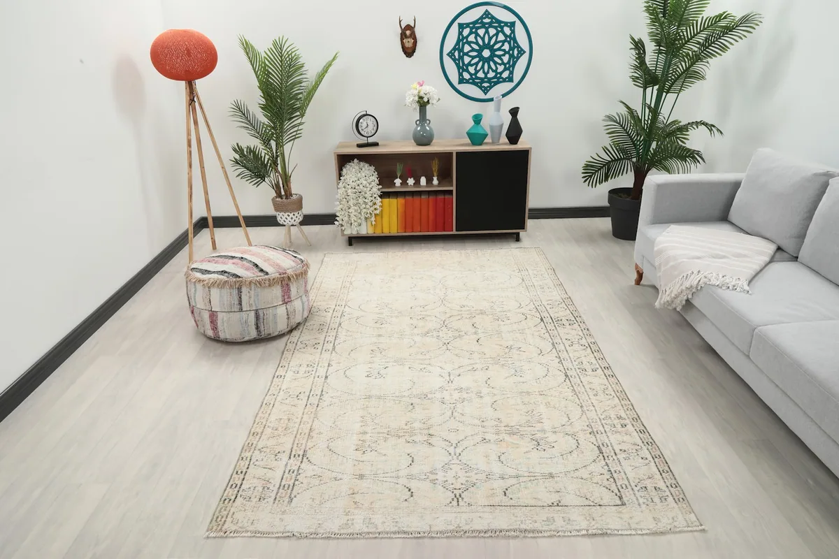 Vintage ivory rug displayed in a modern living room setting with a light gray sofa and plants.