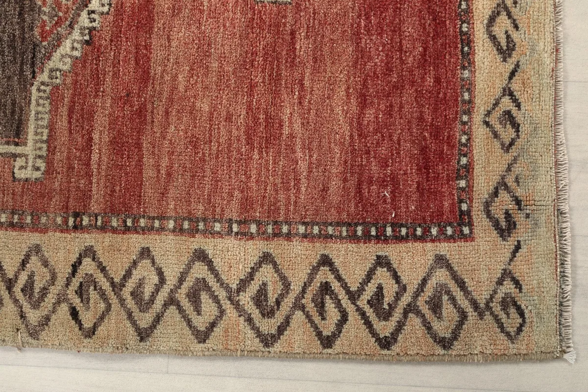 Detail of the beige border with brown geometric patterns and the rust field of the rug