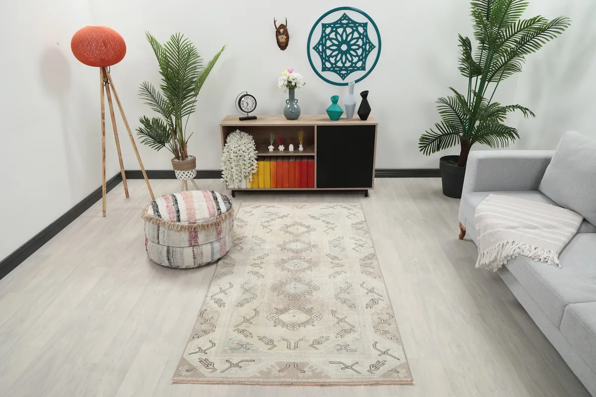 Vintage Anatolian rug displayed in a modern living room setting with a sofa and plants.