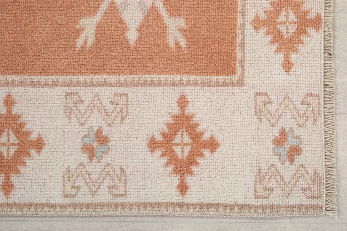 Detailed view of the rug's beige border with orange geometric motifs and a small section of fringe.