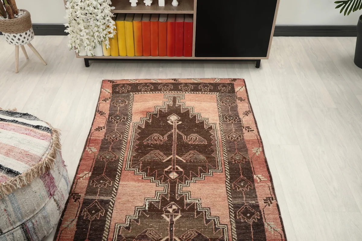 Overhead view of the rug in a room setting, highlighting its placement and scale