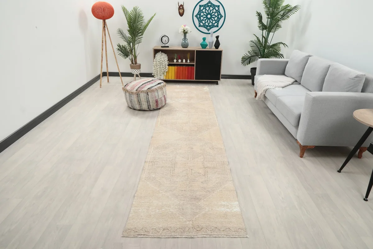 Vintage beige runner rug in a modern living room setting with a gray sofa and plants.