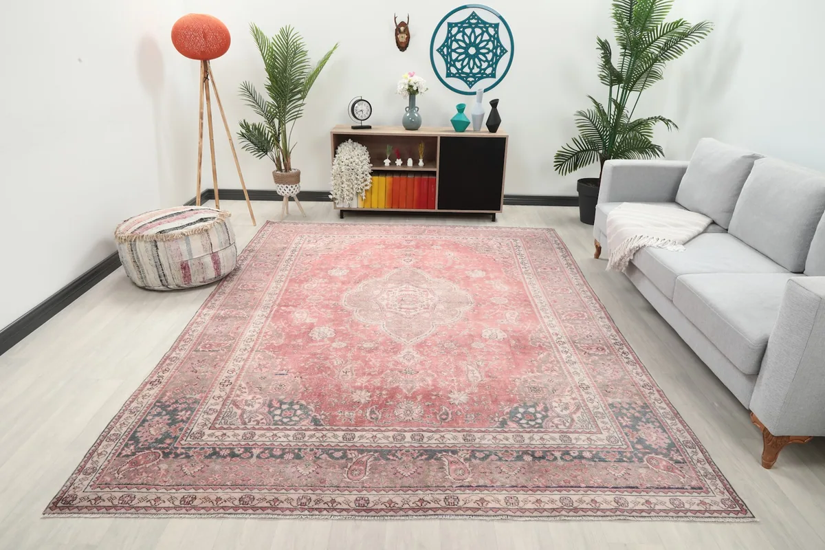 Rose Anatolian rug displayed in a bright living room setting with a gray sofa