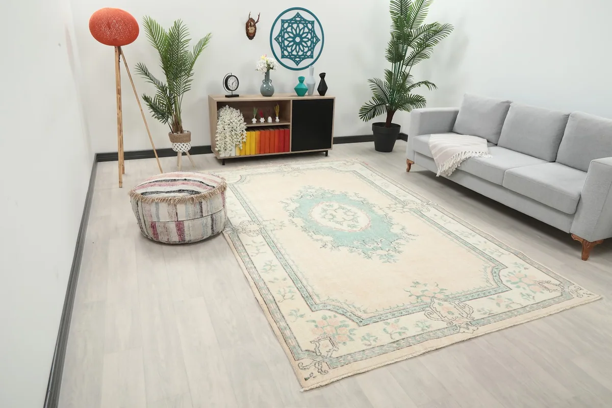 Angled view of the vintage Anatolian rug in a contemporary living space