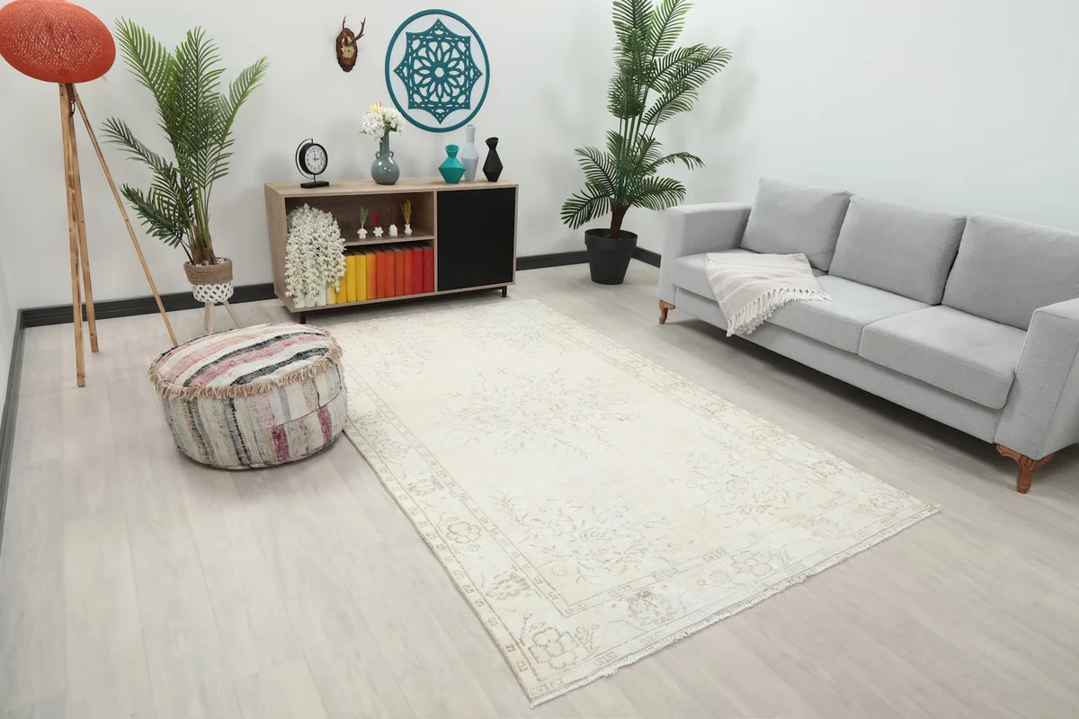 Ivory and beige area rug shown in a living room, highlighting its size and placement