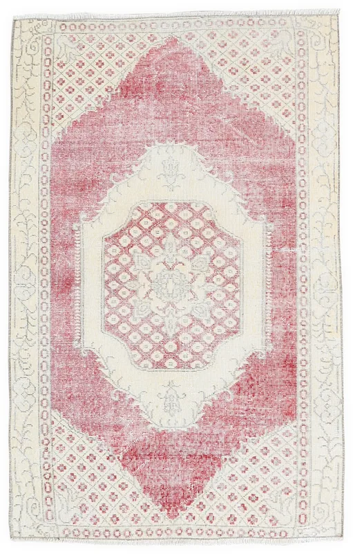 Full overhead view of the rose and ivory vintage Anatolian rug