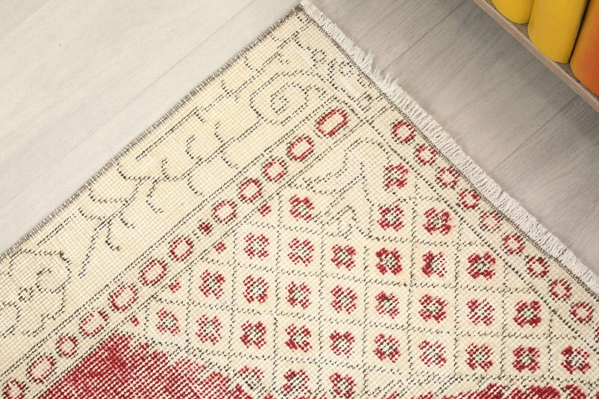 Close-up of the rug's border pattern and fringe