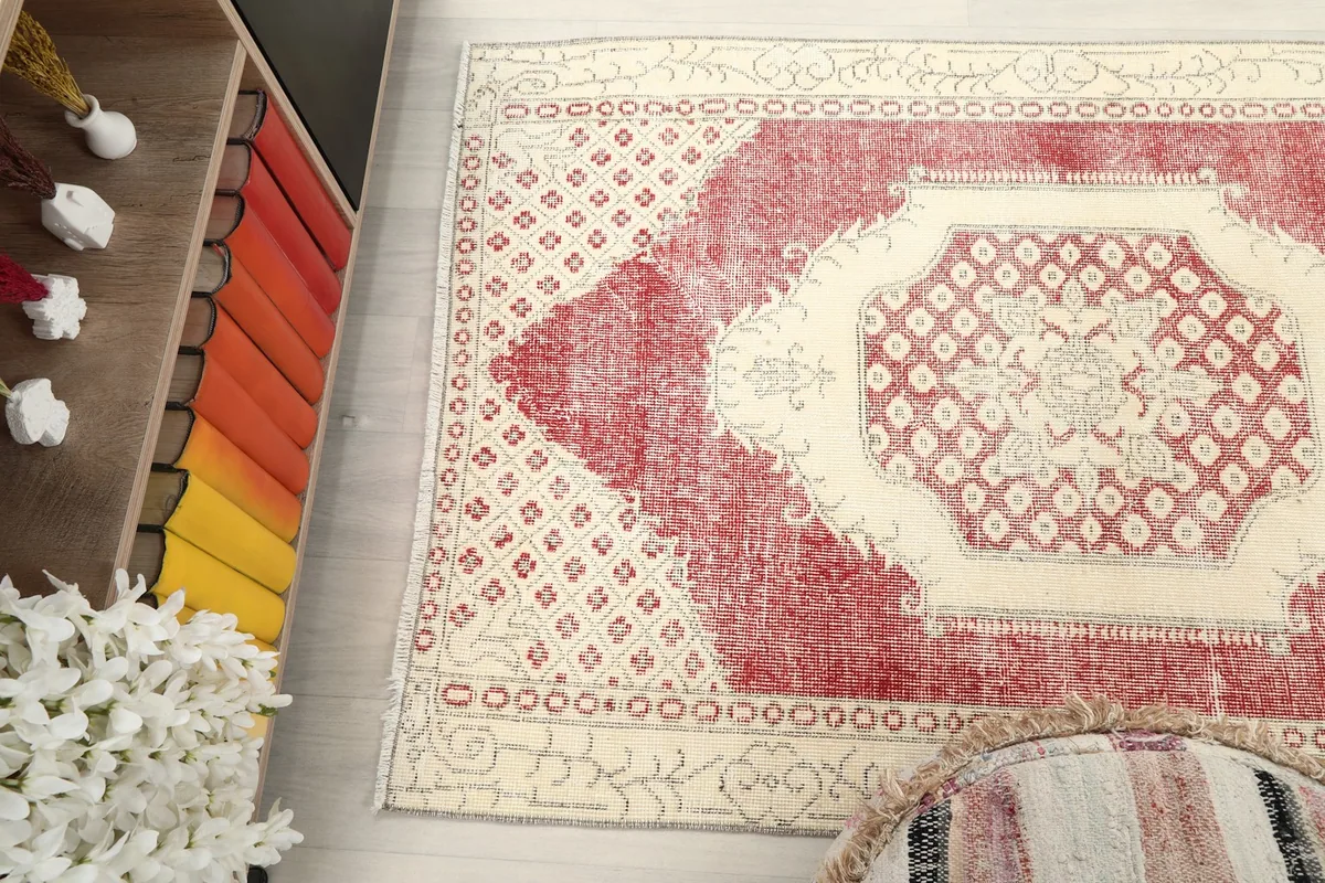 Overhead view of the rug from a slight angle, showing the full pattern