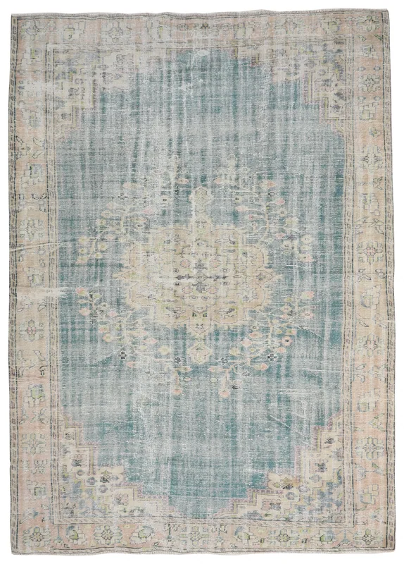 Full top view of the blue and beige vintage Anatolian area rug