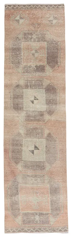 Full top view of the vintage rust and gray geometric Anatolian runner rug
