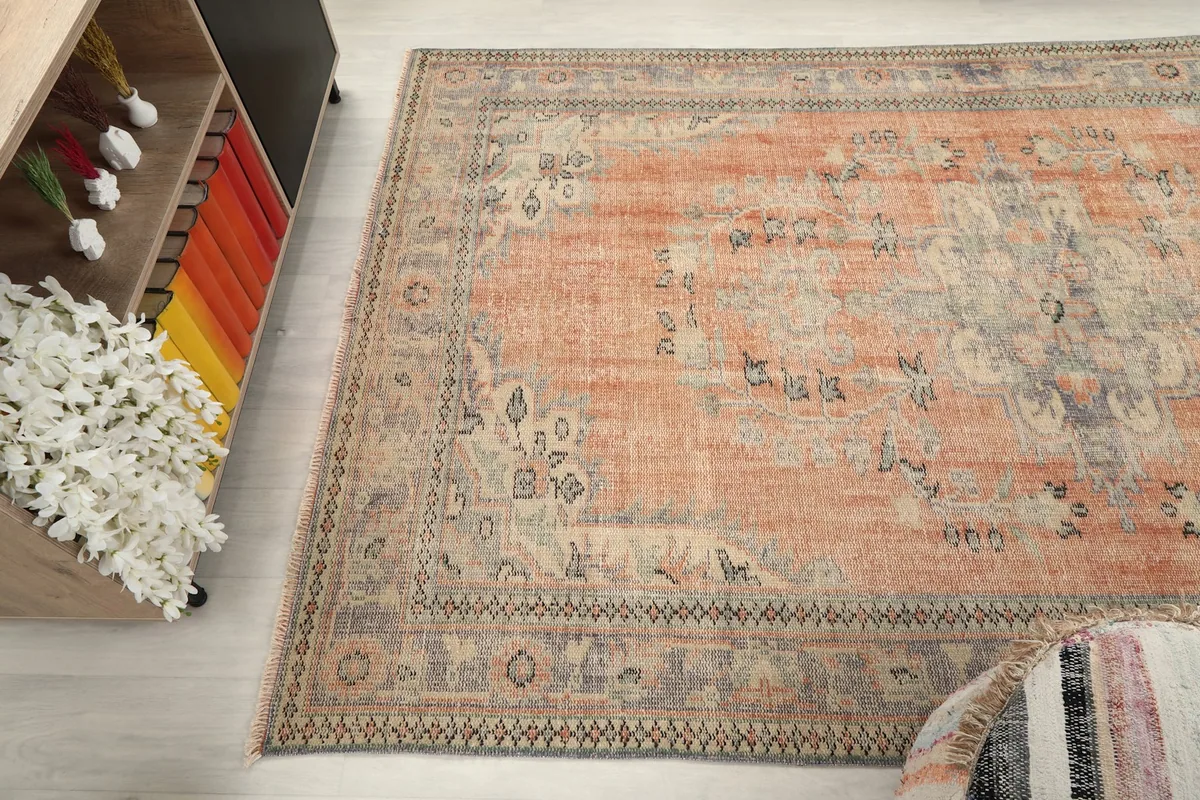 Angled view of the rug showing its length and the distribution of patterns