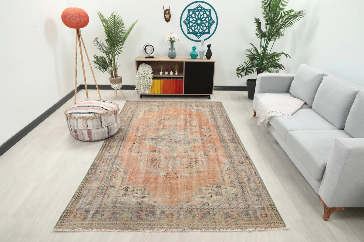 Vintage rust area rug displayed in a bright living room setting with a light sofa