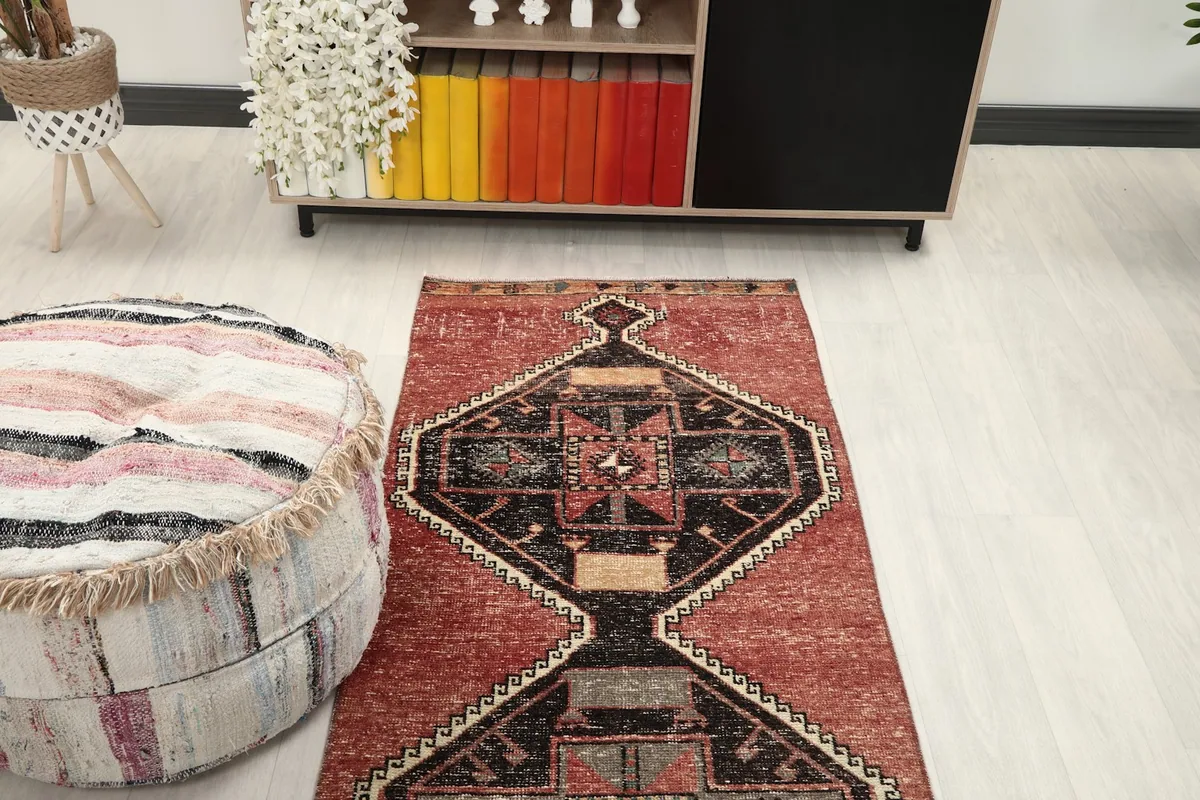 Overhead view of the runner rug in a room, showing its placement relative to furniture