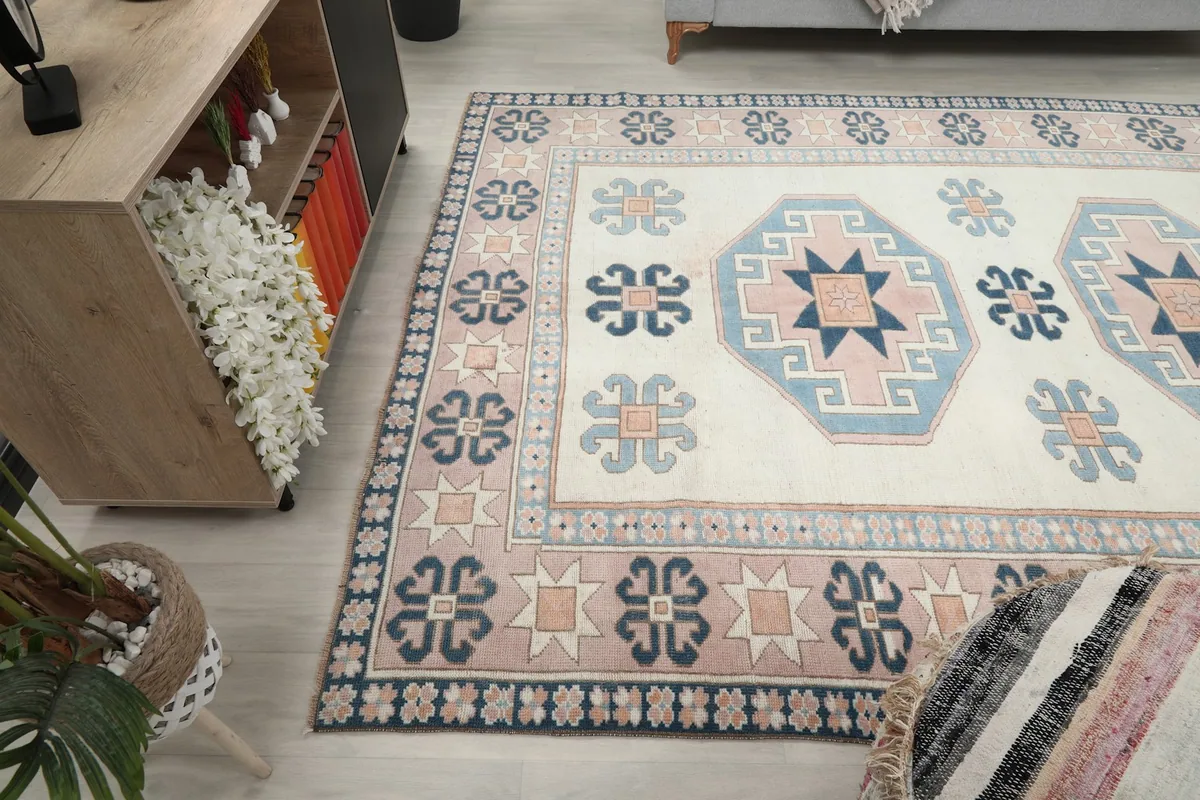 Side view of the rug in a room setting, showing its interaction with other decor elements.