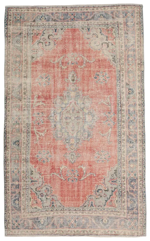 Full overhead view of the rust and blue medallion vintage Anatolian area rug