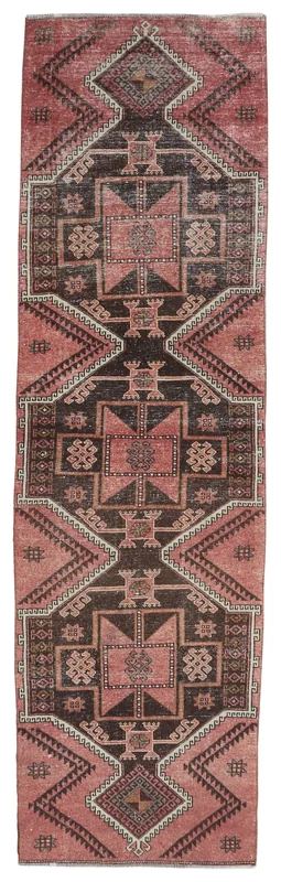 Full top view of a 3x11 rose and charcoal geometric vintage runner rug on a white background.