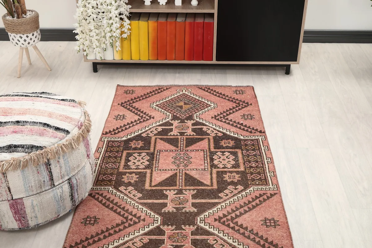 Overhead shot of the runner rug in a room, showing the top half of its design.