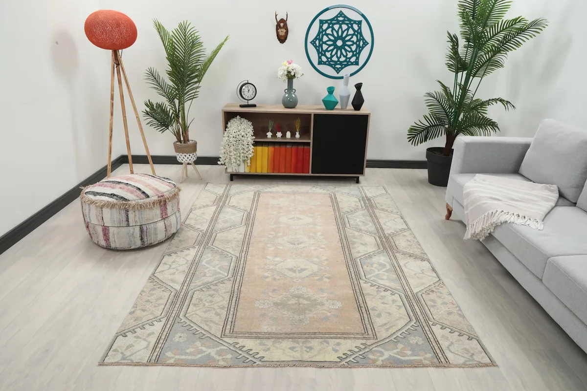 Rose and gray rug in a living room setting with a light gray couch and plants
