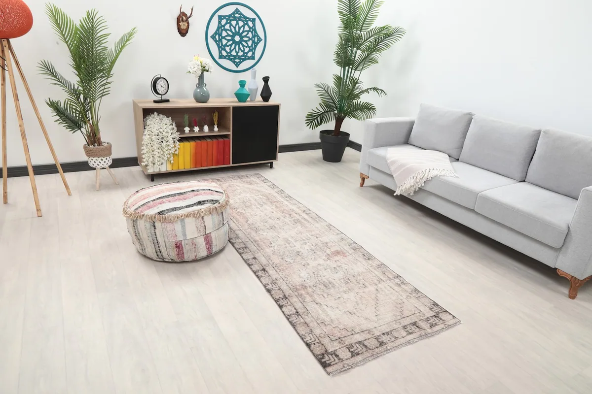 Angled view of the runner rug in a room, showing its length and placement