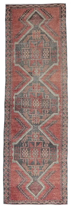 Full overhead view of the rust and charcoal vintage Anatolian runner rug