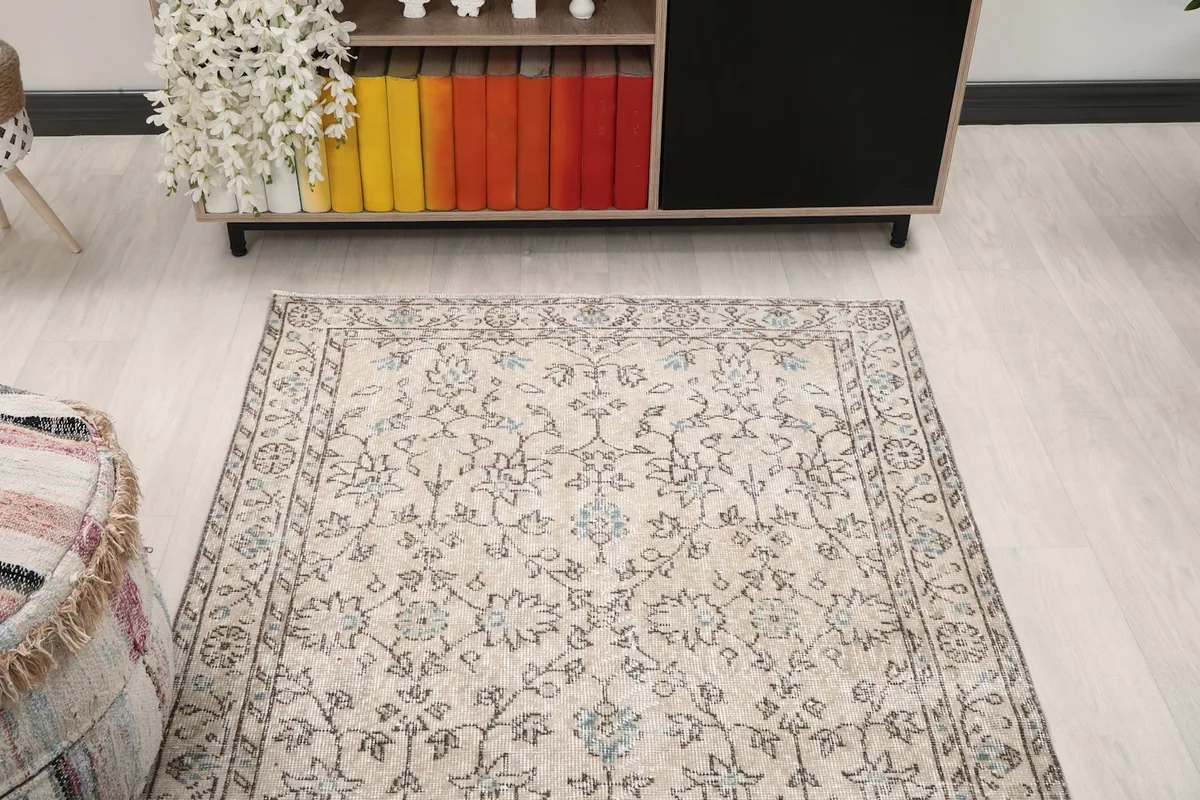 Overhead angle of the rug from one end, showing its placement in the room
