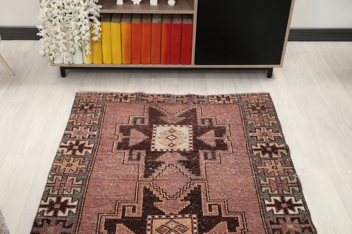 Rose Geometric Anatolian Runner from above, showing an end section