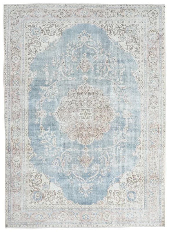 Full top view of the blue and rose vintage Anatolian area rug