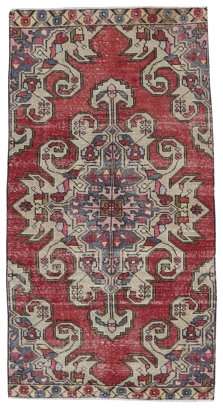 Full top view of the vintage 3'7" x 6'10" red Anatolian medallion rug on a white background.