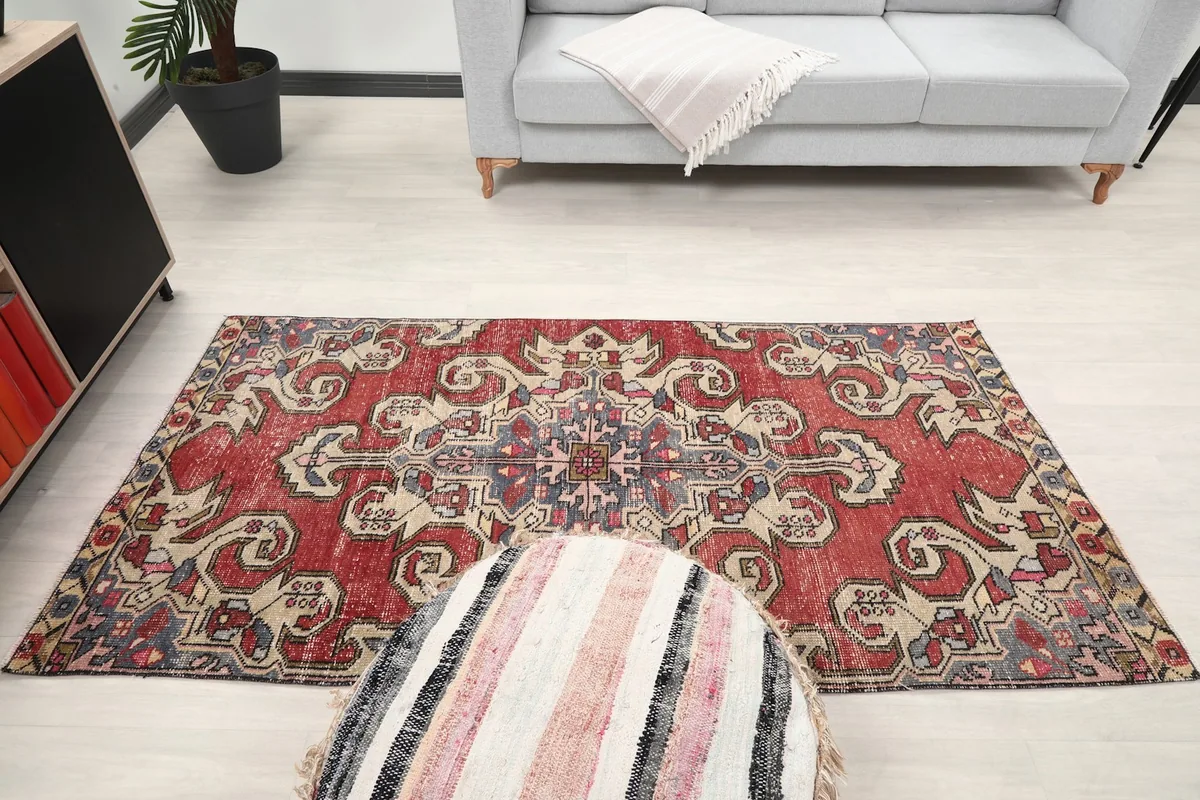 Overhead perspective of the rug in a living room, demonstrating its size and visual impact.