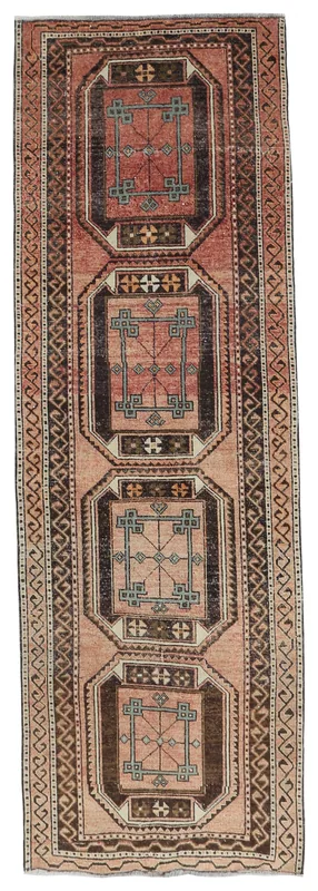 Full top view of a vintage rose and brown geometric Anatolian runner rug